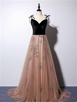 Picture of Champagne and Black Color Vevet Long Party Dresess, Straps Long Formal Dress